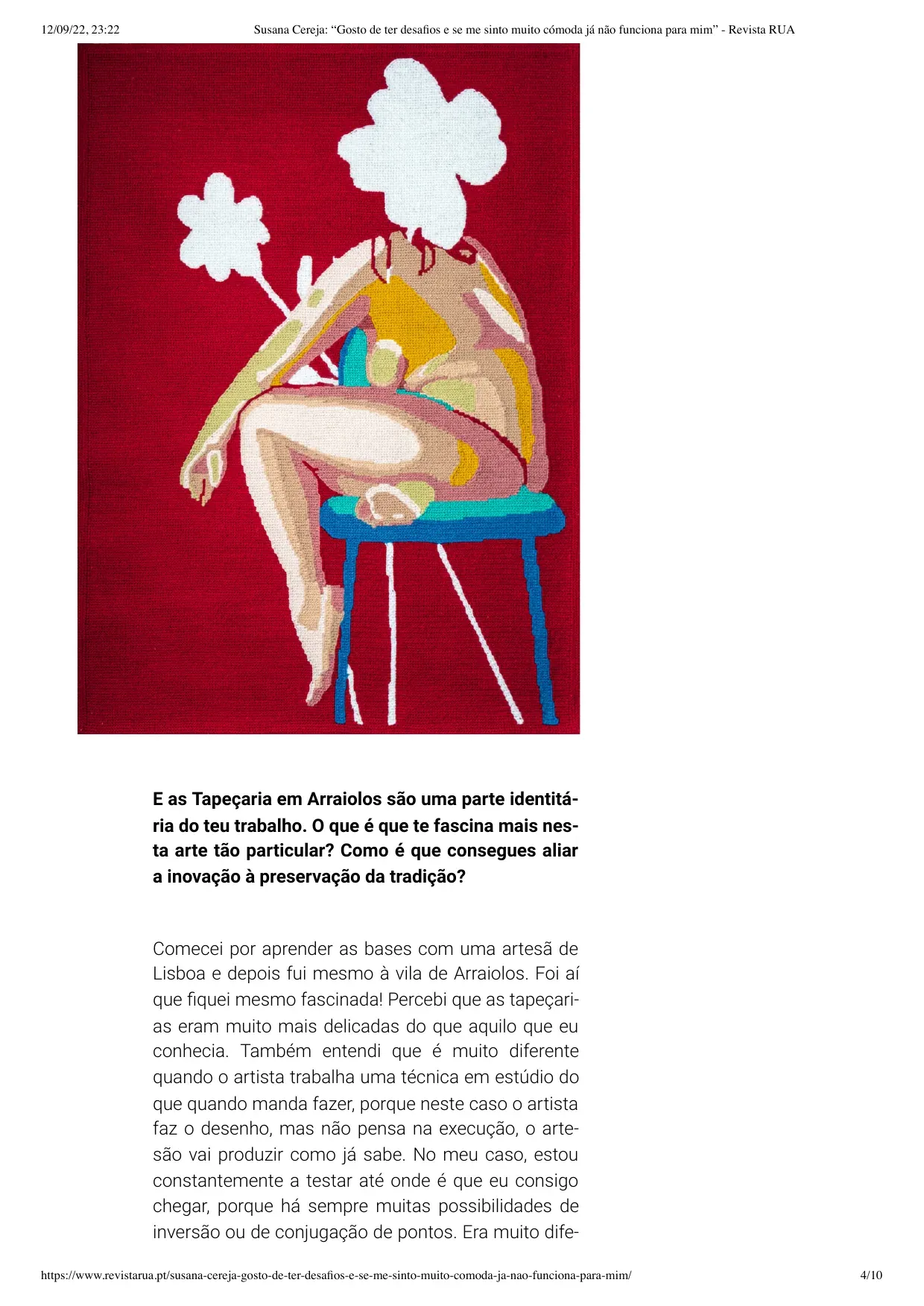 Página da entrevista da Revista RUA com a tapeçaria SAUDADE, de Susana Cereja.