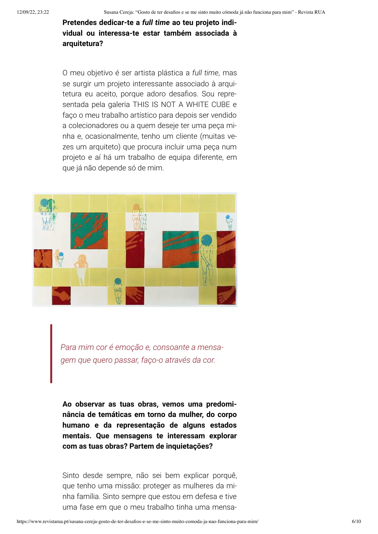 Página da entrevista da Revista RUA com uma obra que combina têxtil, gravura e elementos modulares.