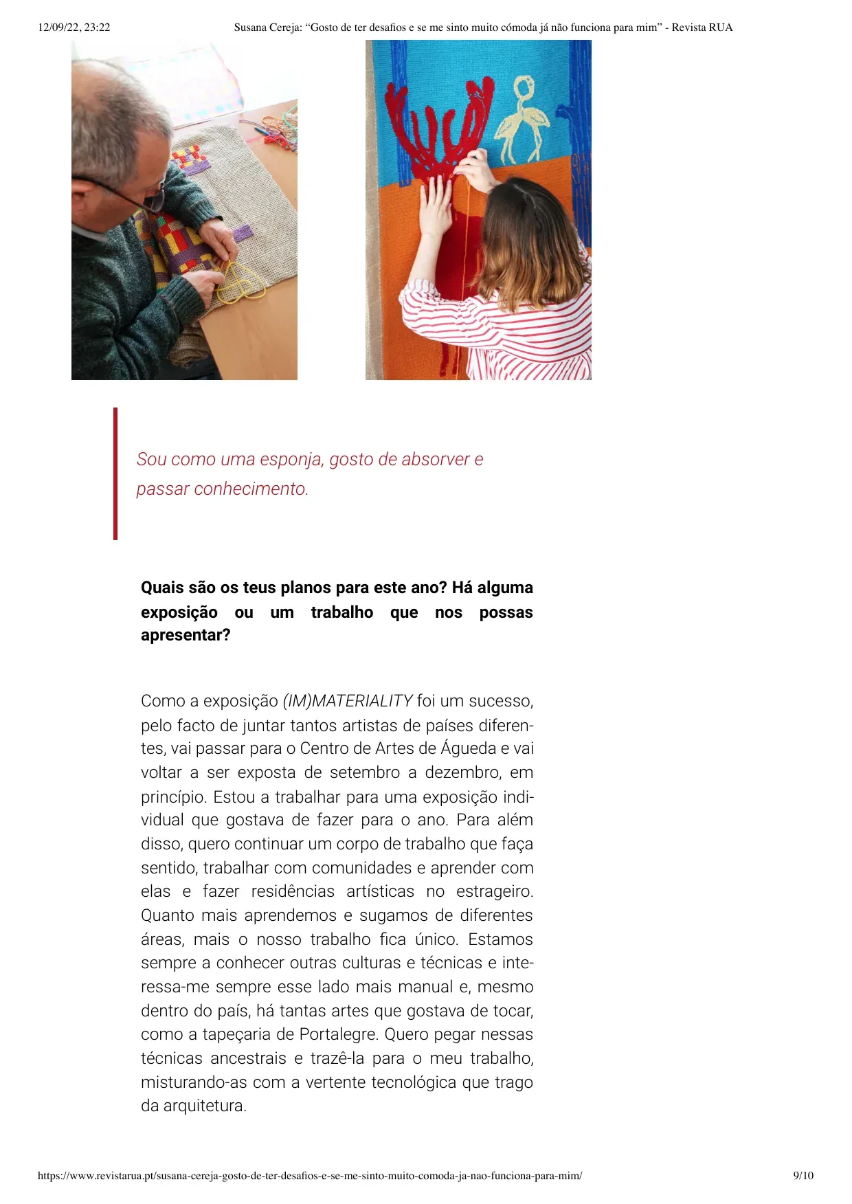 Página da entrevista da Revista RUA com fotografias de processo no estúdio de Susana Cereja e Carlos André.