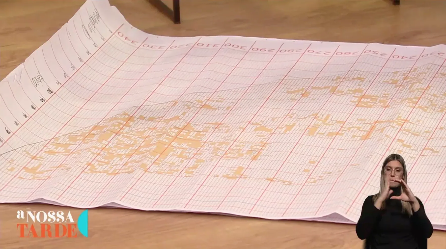 Technical drawing and process chart shown during Susana Cereja's appearance on A Nossa Tarde.
